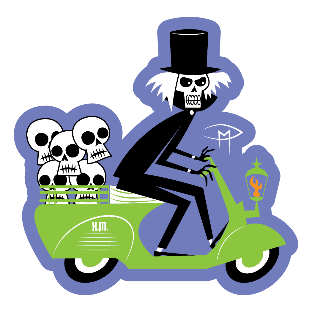 Hatbox Ghost On A Vespa With Skulls Die Cut Sticker