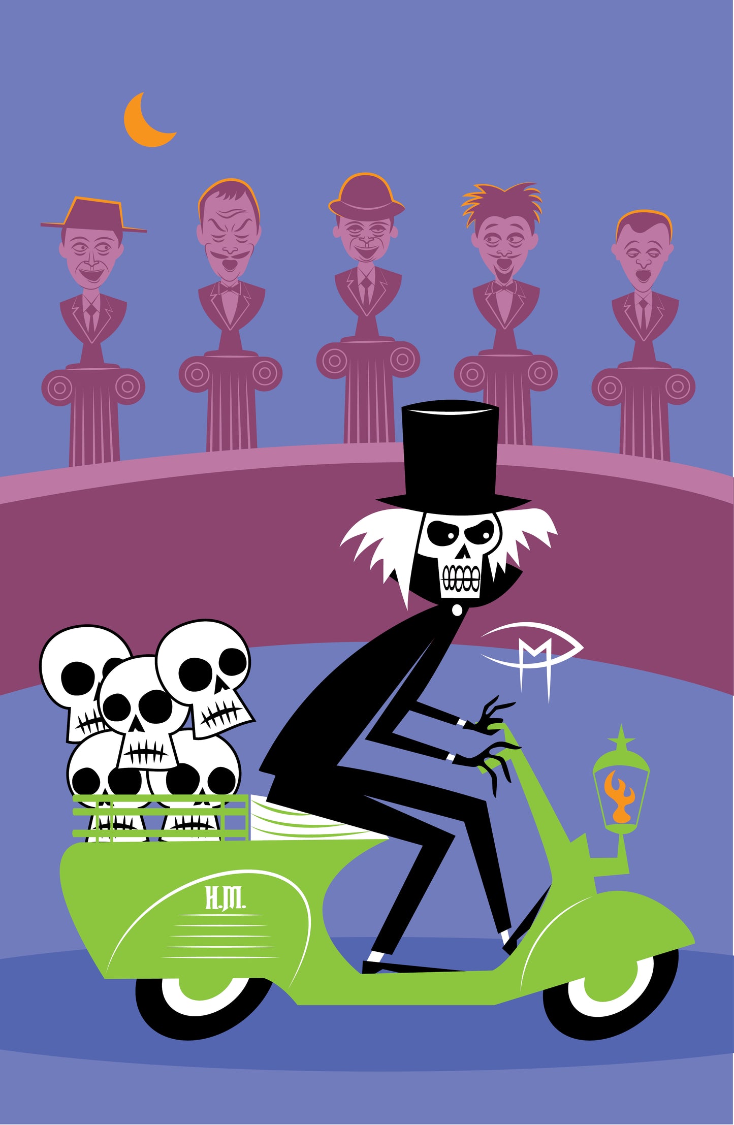 Hatbox Ghost On A Vespa With Singing Busts Poster