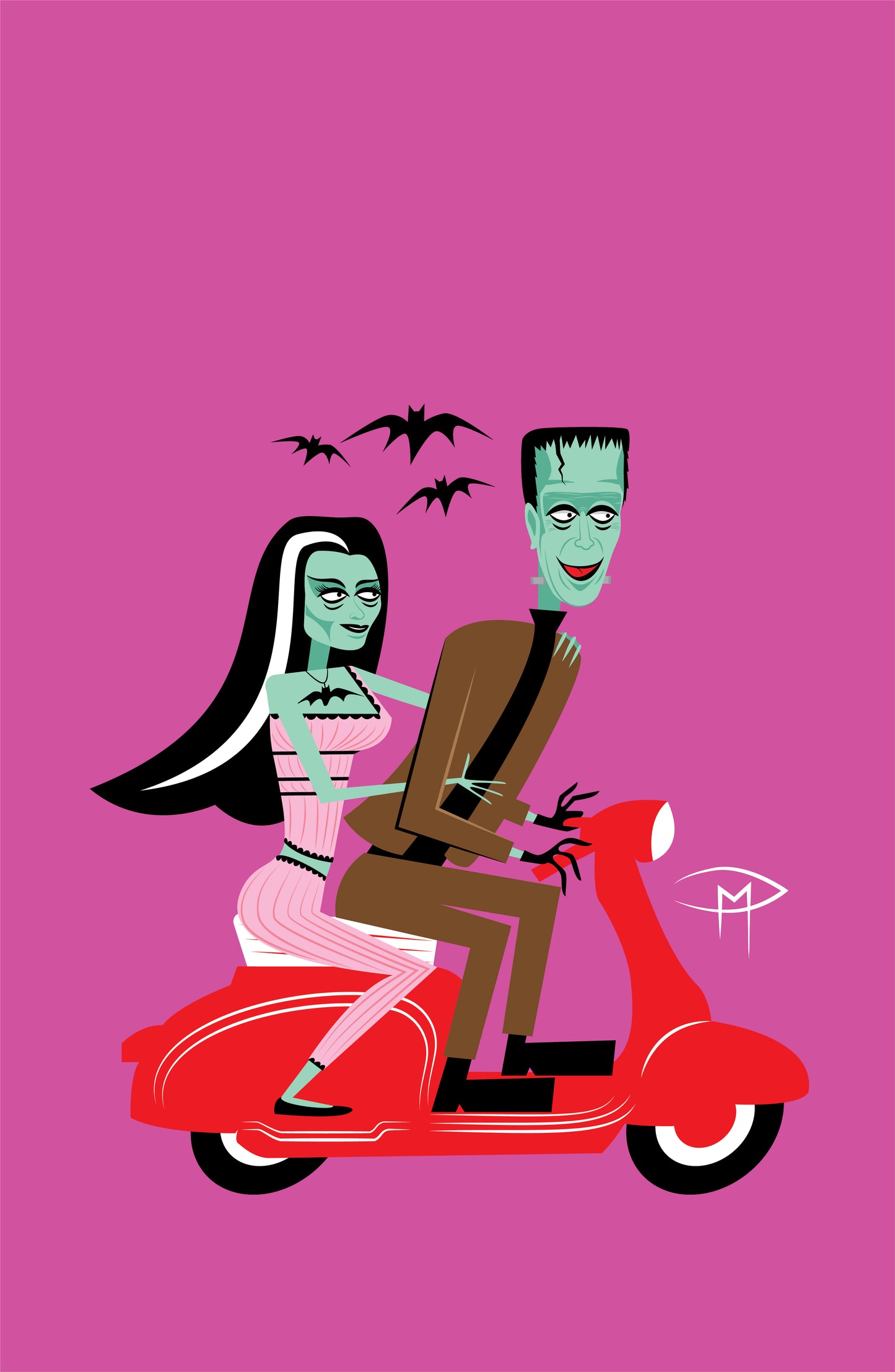 Herman And Lily On A Lambretta Poster Pink