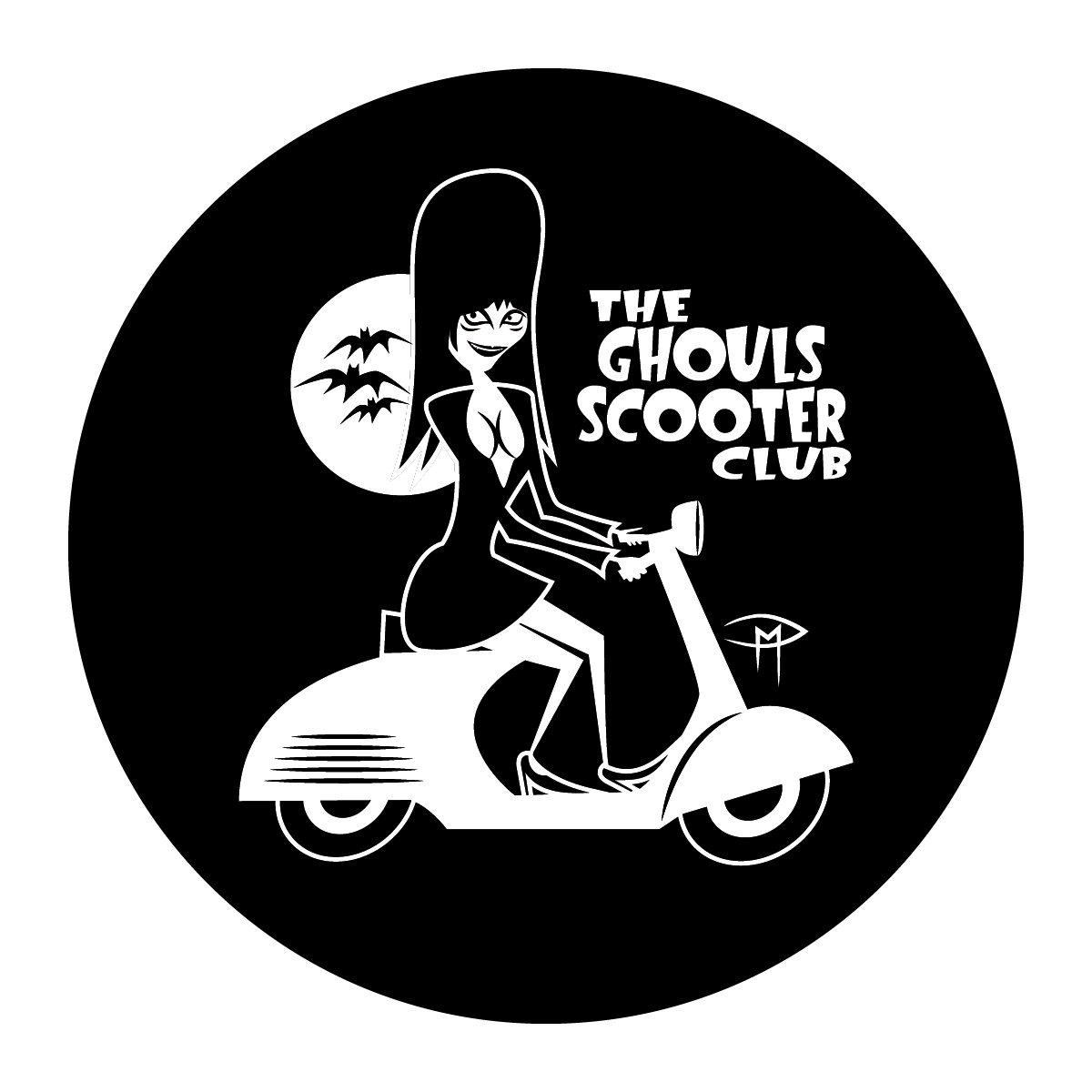 Elvira On A Vespa GSC Round Sticker