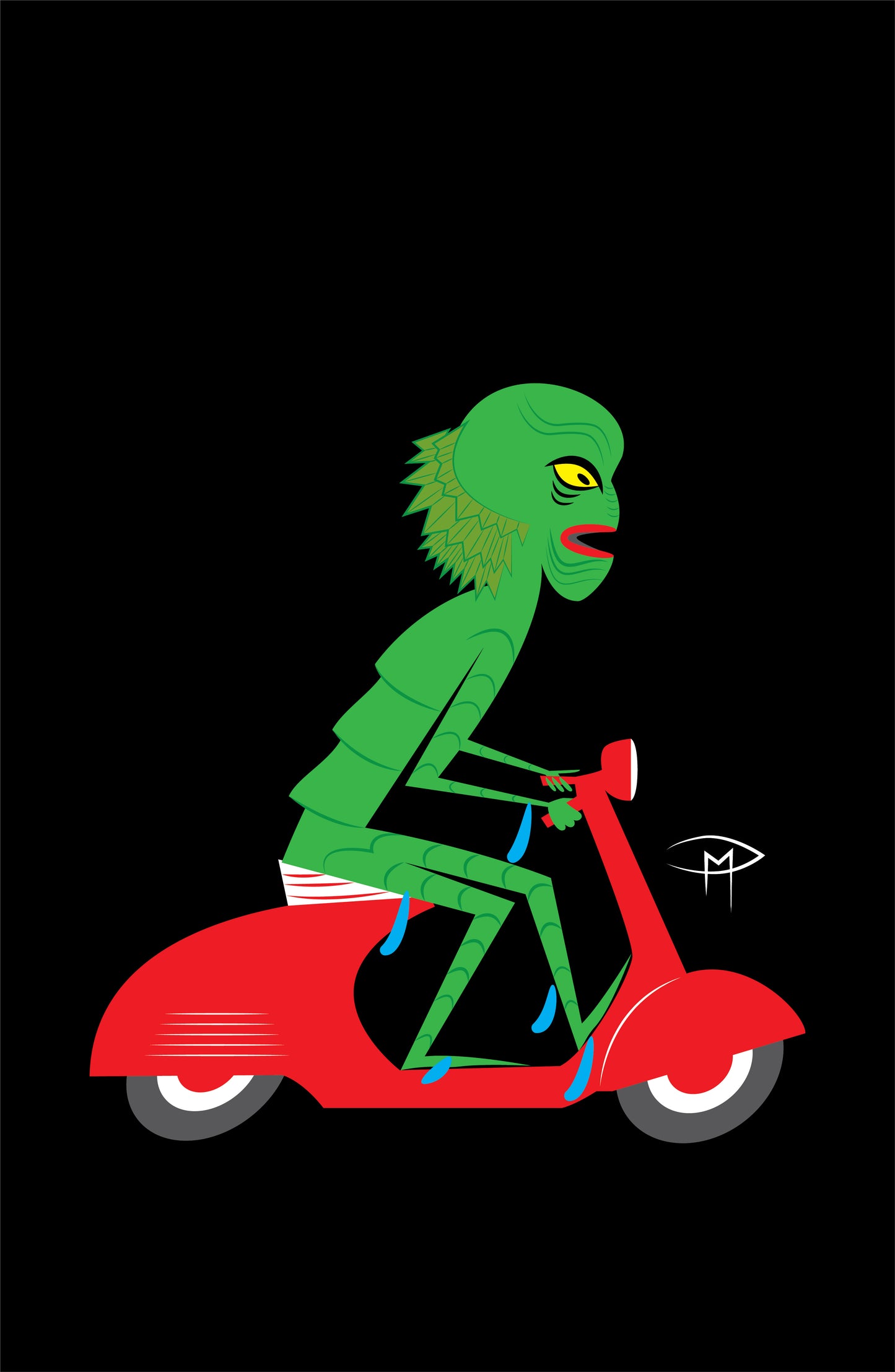 Creature On A Vespa Black Poster
