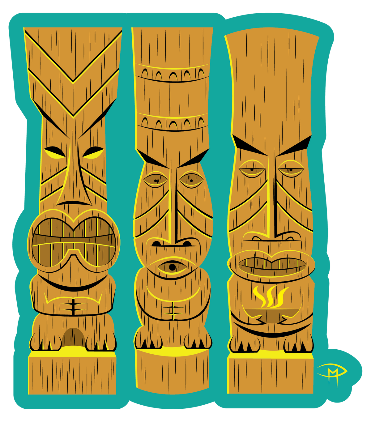 3 Wooden Tiki's Die Cut Sticker Large 6"