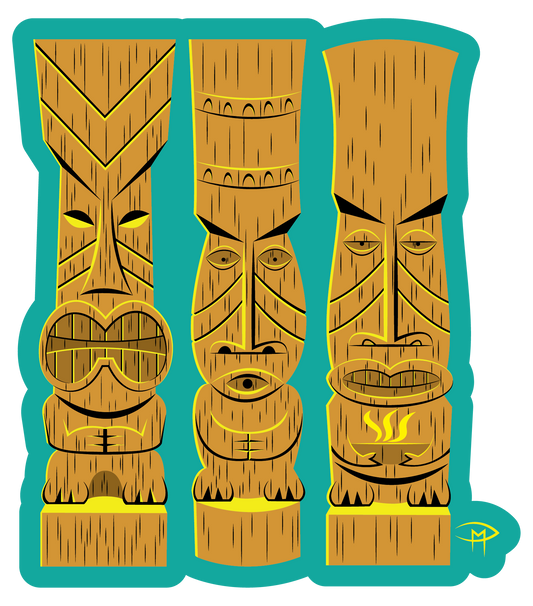 3 Wooden Tiki's Die Cut Sticker Large 6"