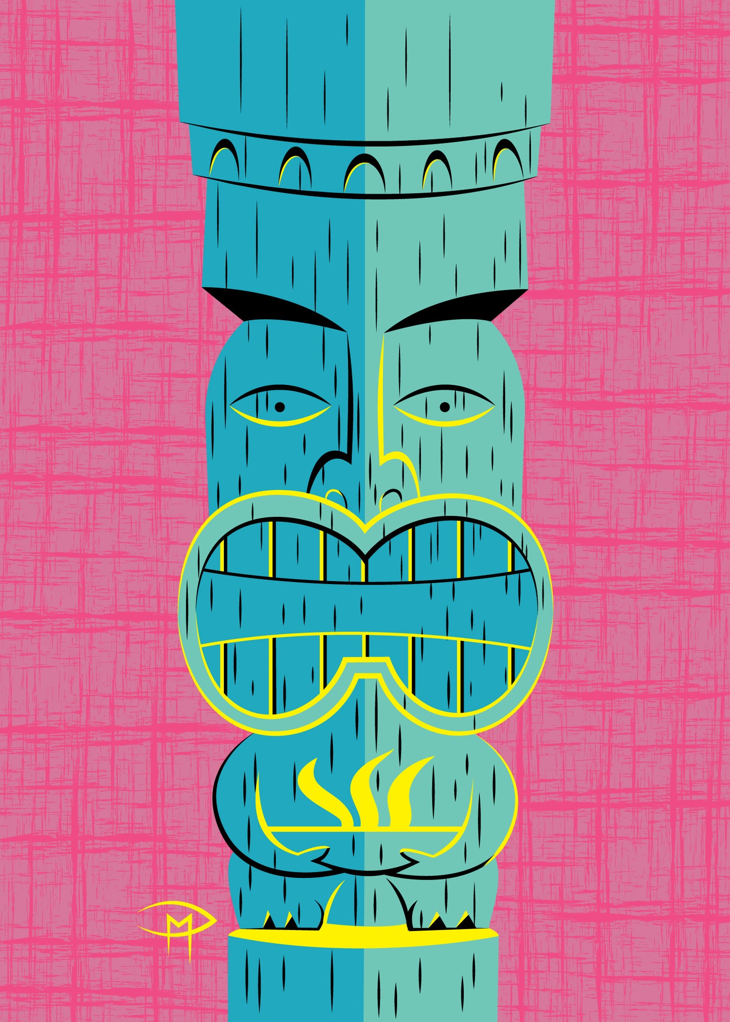 "Blue Tiki With Flaming Pot" 5"x7" Giclee Fine Art Print FRAMED