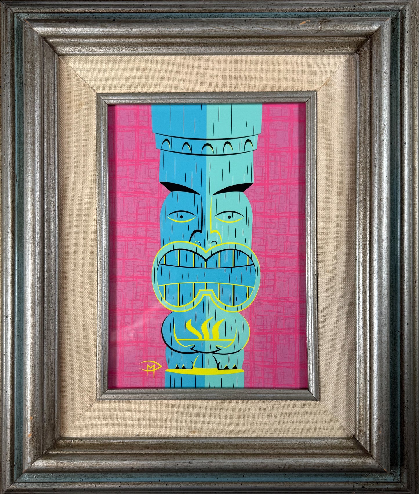 "Blue Tiki With Flaming Pot" 5"x7" Giclee Fine Art Print FRAMED