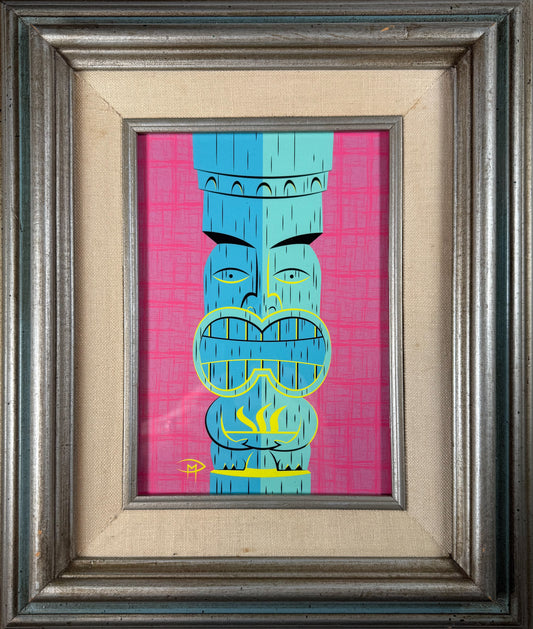 "Blue Tiki With Flaming Pot" 5"x7" Giclee Fine Art Print FRAMED