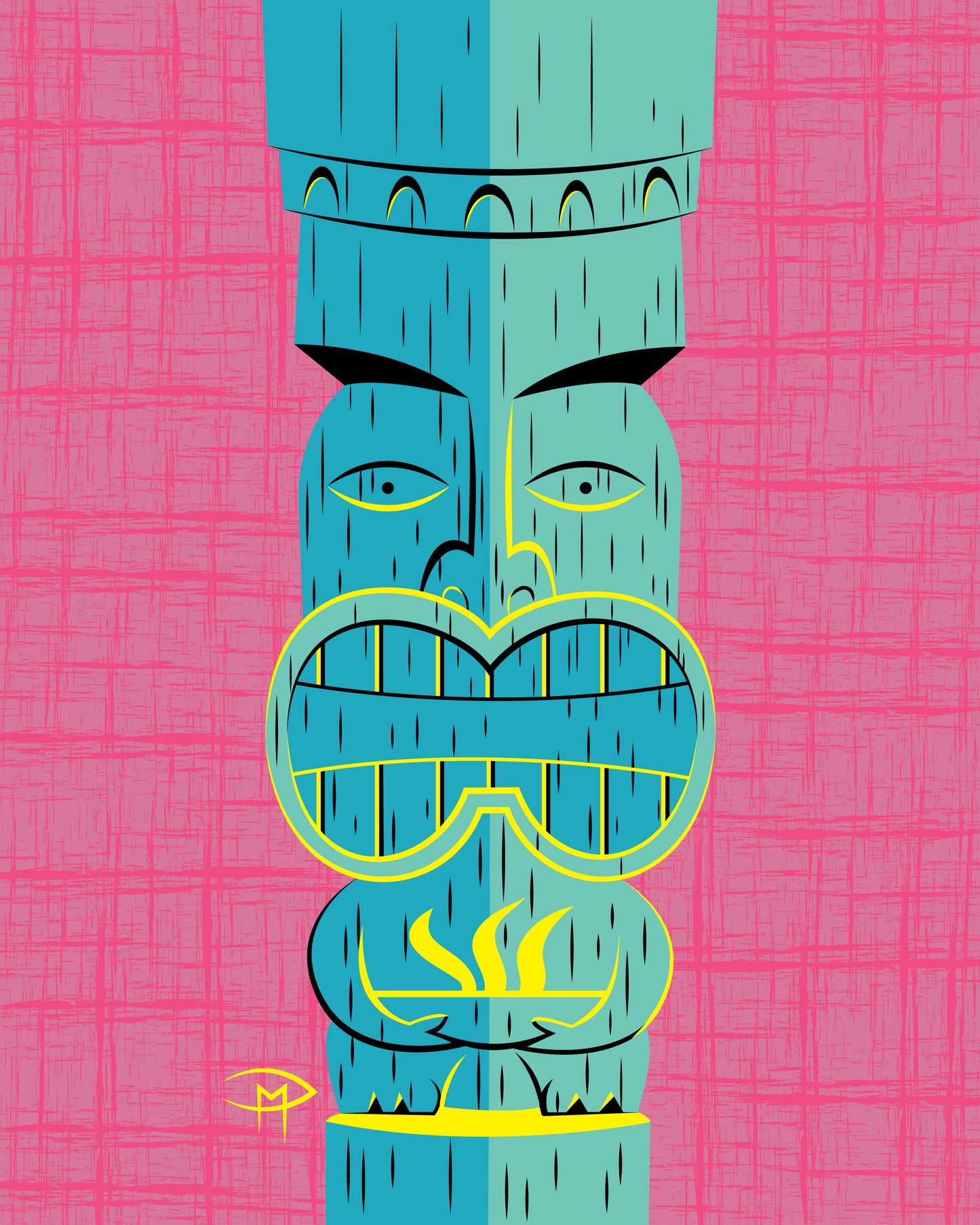 "Blue Tiki With Flaming Pot" 8"x10" Giclee Fine Art Print FRAMED