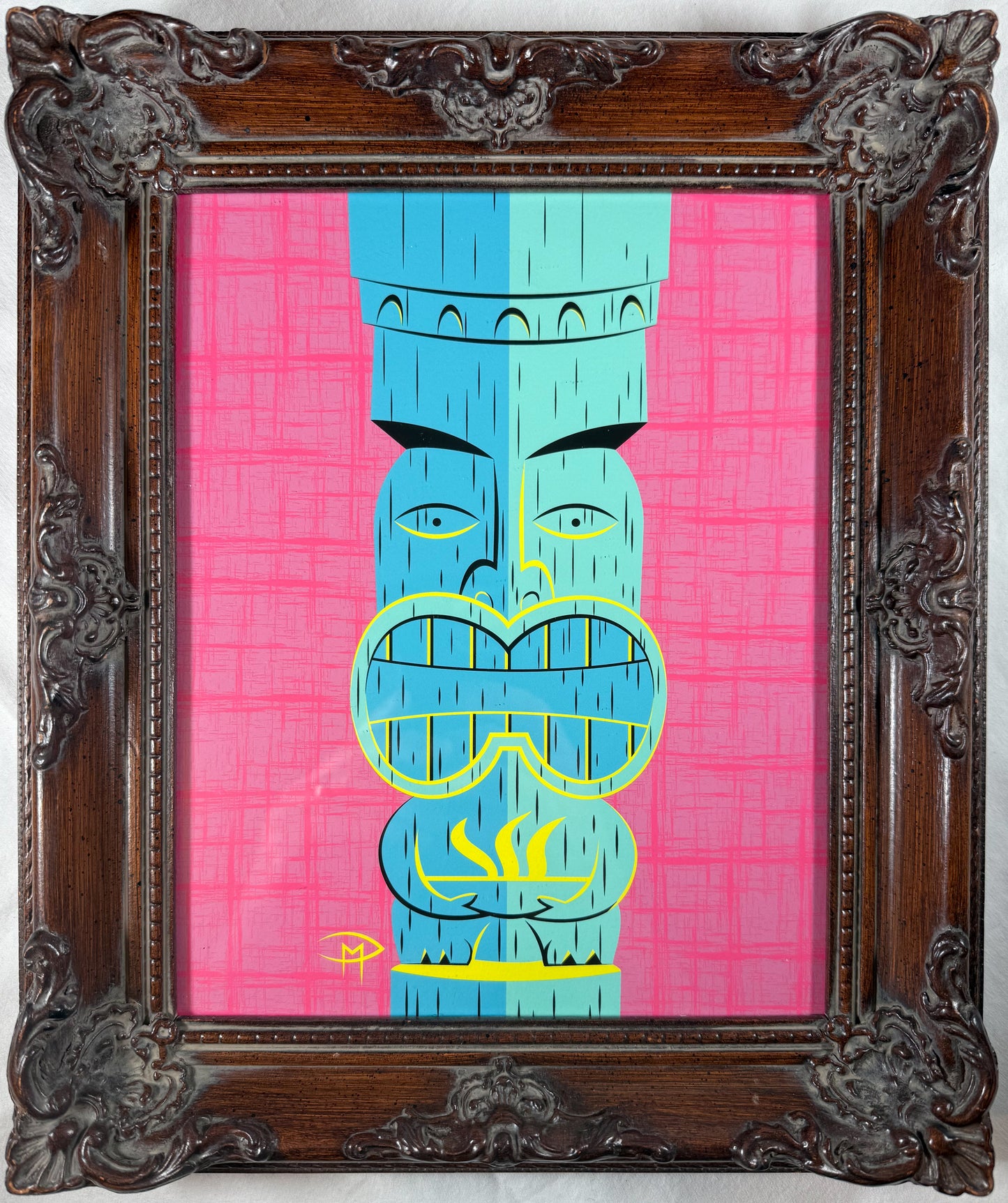 "Blue Tiki With Flaming Pot" 8"x10" Giclee Fine Art Print FRAMED