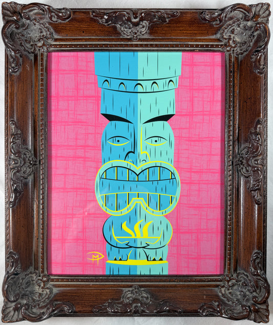 "Blue Tiki With Flaming Pot" 8"x10" Giclee Fine Art Print FRAMED