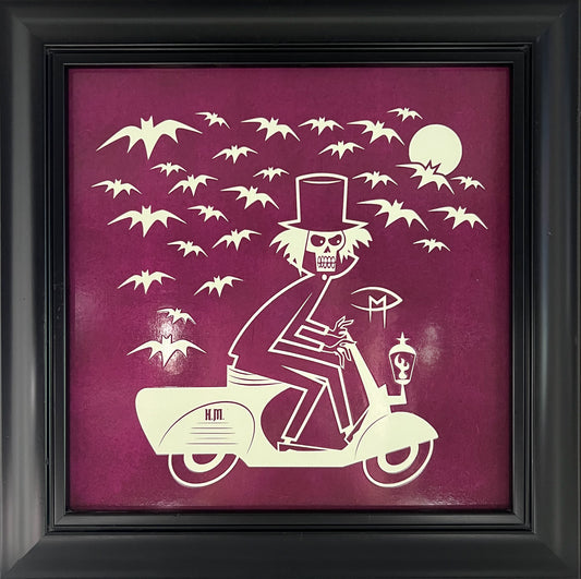 Hatbox Ghost On A Vespa With Bats Glow In The Dark  Mounted On Masonite