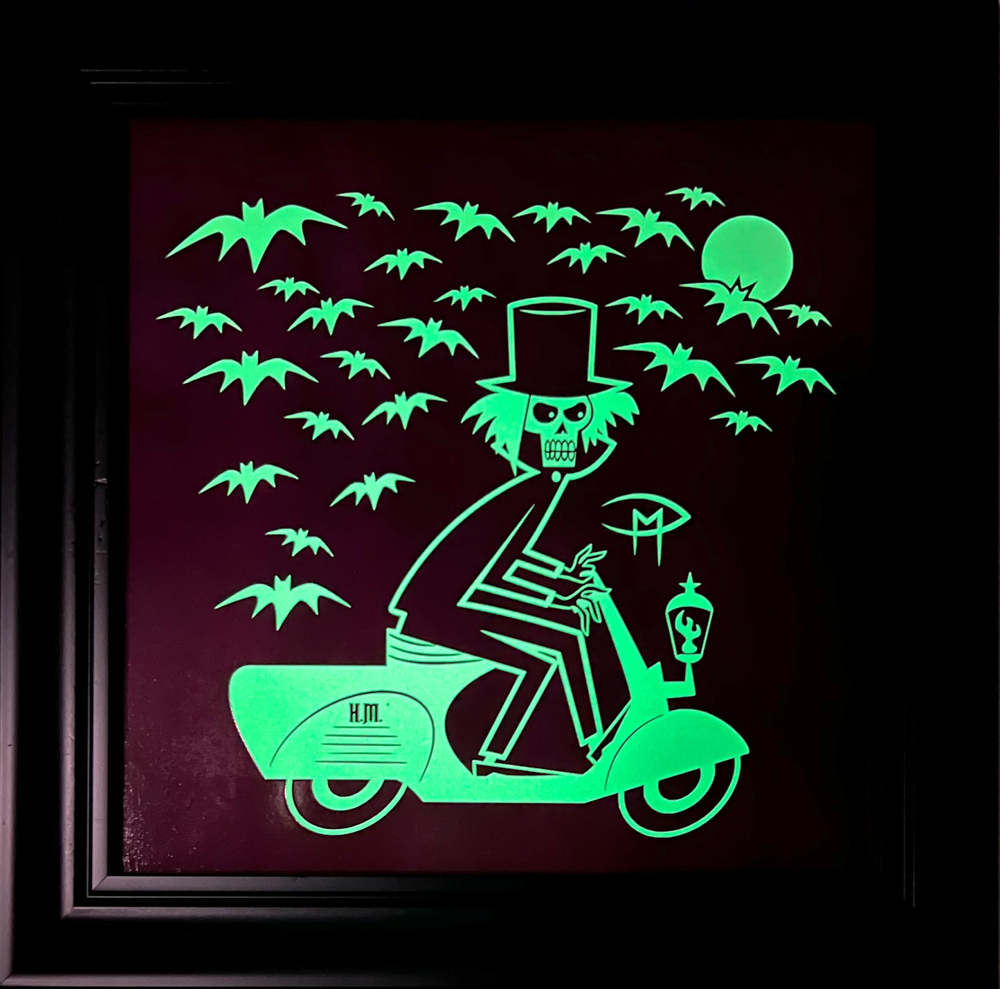 Hatbox Ghost On A Vespa With Bats Glow In The Dark  Mounted On Masonite