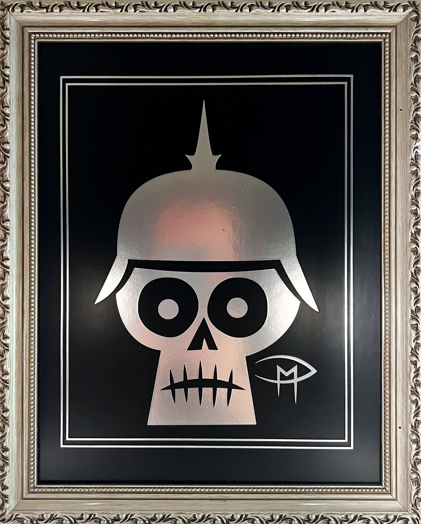 Military Skull Mounted On Masonite Silver Frame