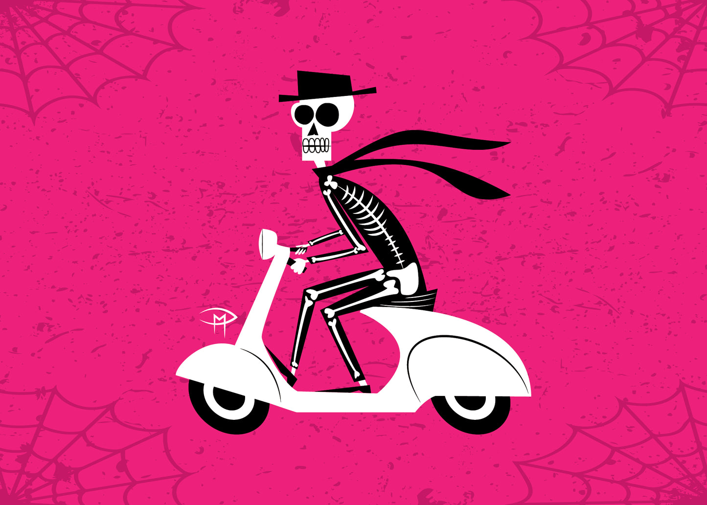 "Skele On A Vespa Spider Web" 5"x7" Giclee Fine Art Print FRAMED
