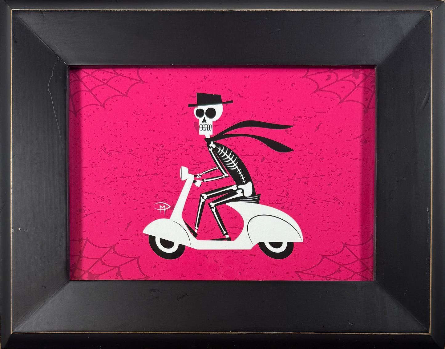 "Skele On A Vespa Spider Web" 5"x7" Giclee Fine Art Print FRAMED