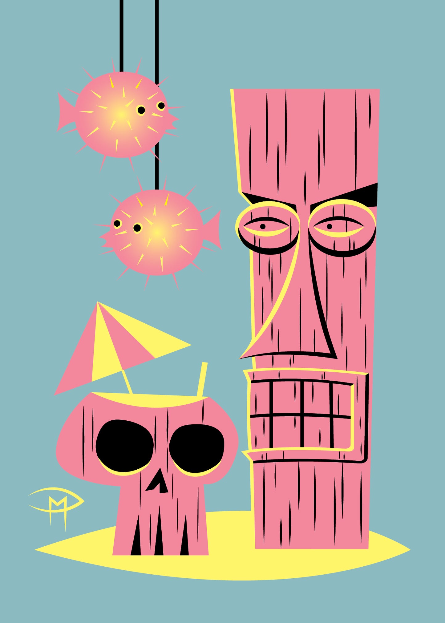 "Tiki, Fish & Drink Blue" 5"x7" Giclee Fine Art Print
