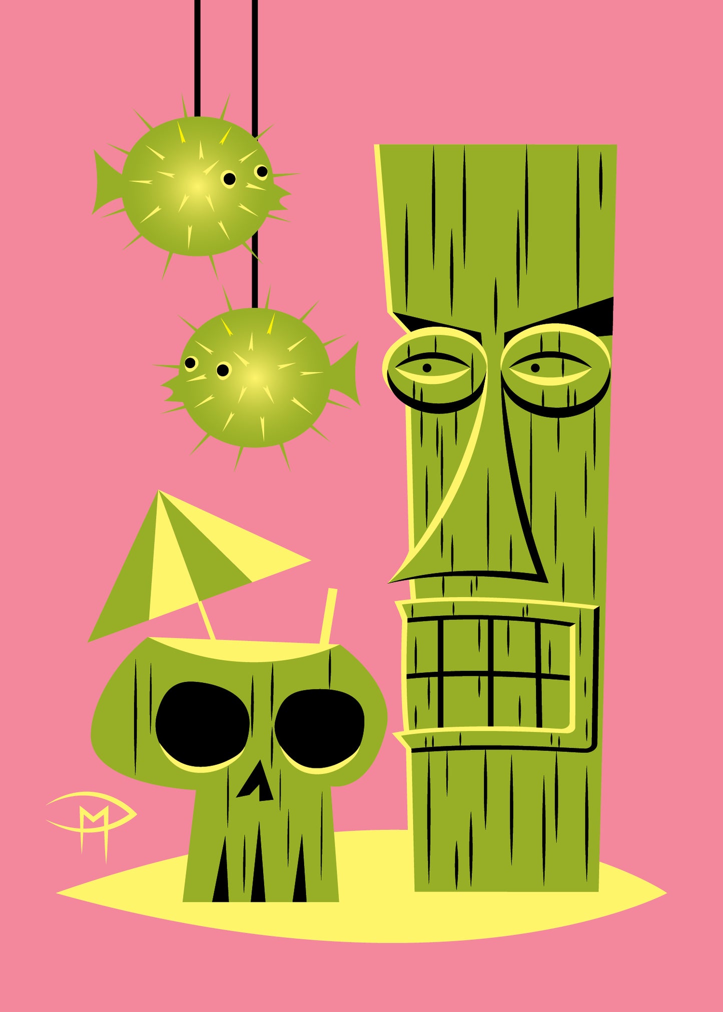 "Tiki, Fish & Drink Pink" 5"x7" Giclee Fine Art Print