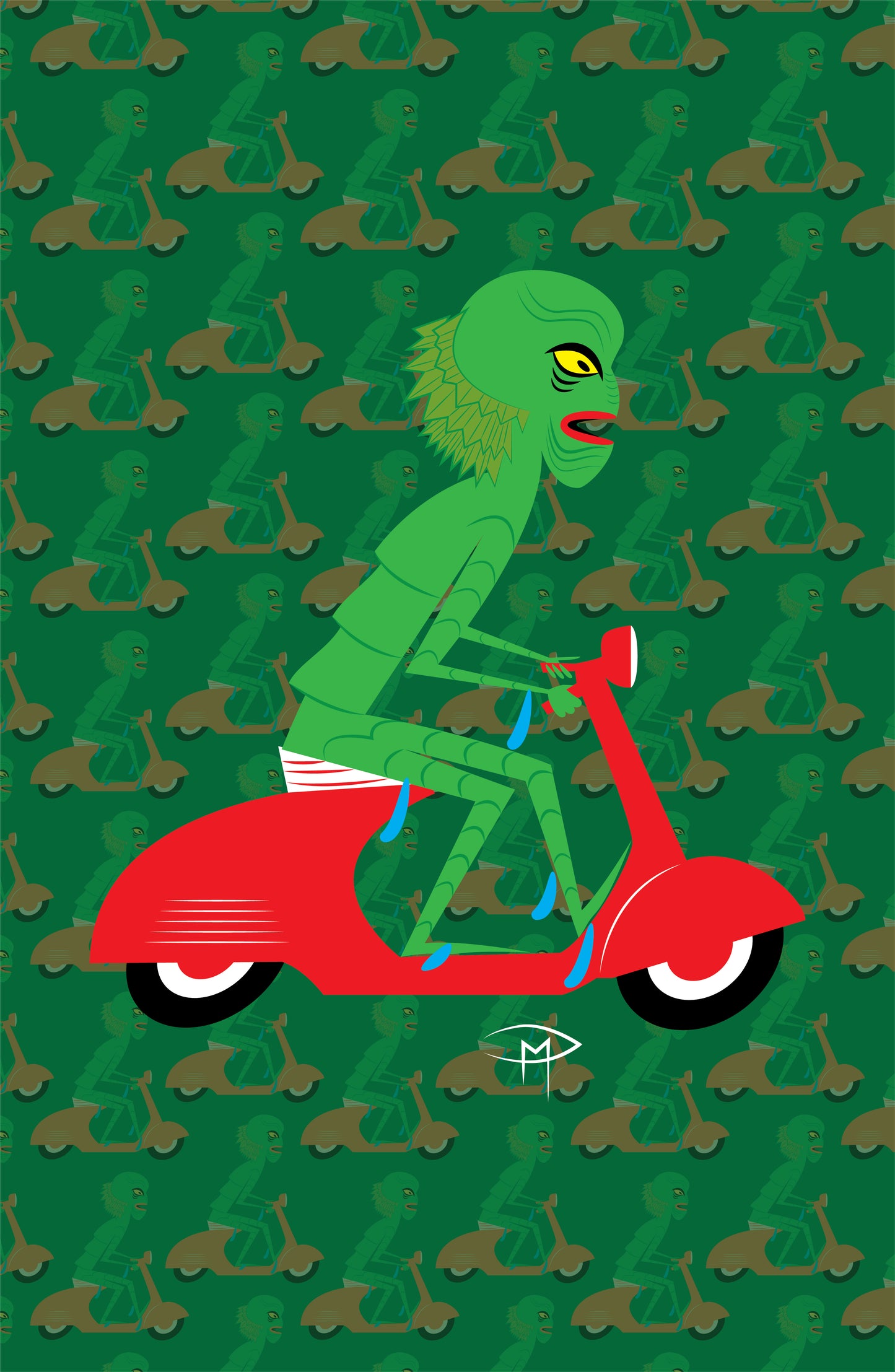 Creature On A Vespa Pattern Poster